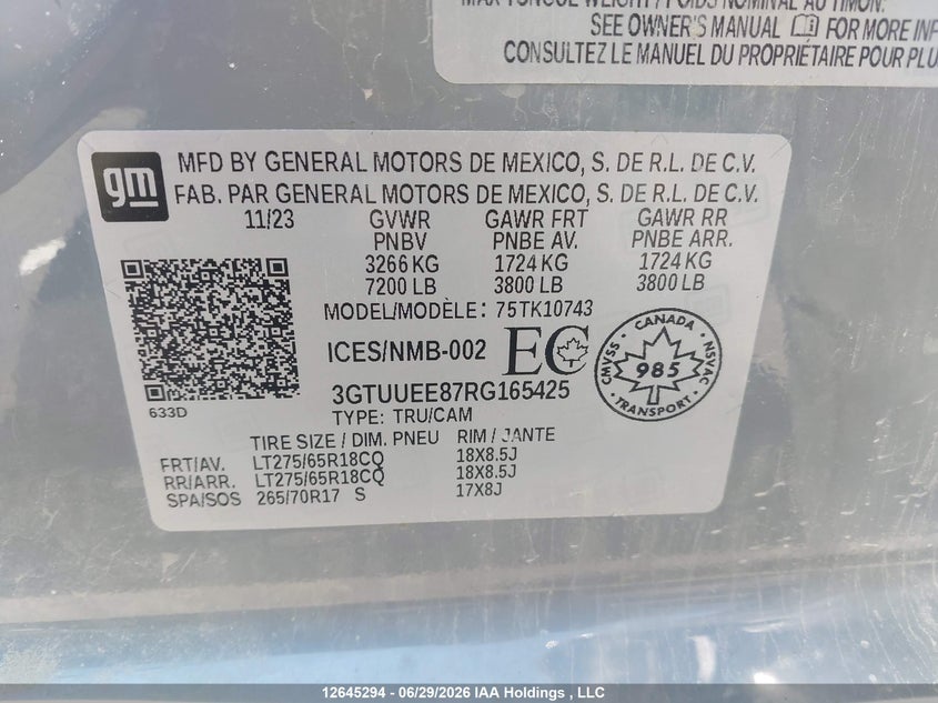 2024 GMC Sierra K1500 At4 VIN: 3GTUUEE87RG165425 Lot: 12645294