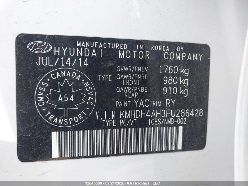 2015 Hyundai Elantra Se/Sport/Limited VIN: KMHDH4AH3FU286428 Lot: 12645300