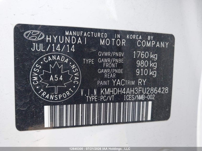 2015 Hyundai Elantra Se/Sport/Limited VIN: KMHDH4AH3FU286428 Lot: 12645300