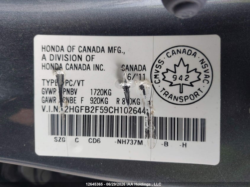 2012 Honda Civic Ex 4Dr VIN: 2HGFB2F59CH102644 Lot: 12645365
