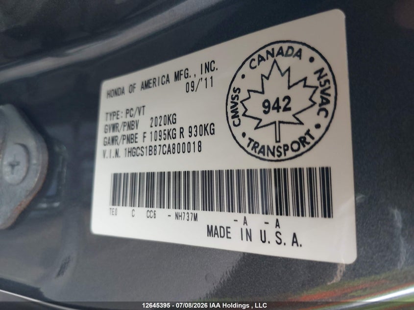 2012 HONDA ACCORD COUPE 2.4L I4 FI DOHC 16V NF4