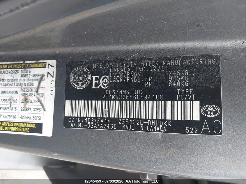 2006 TOYOTA MATRIX HATCHBACK 1.8L I4 FI DOHC 16V F4
