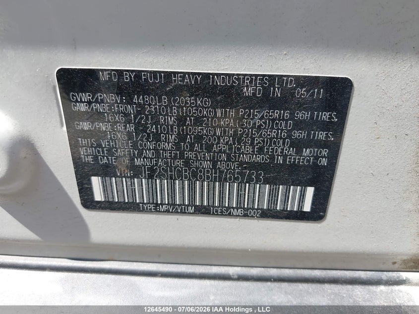 2011 Subaru Forester 2.5X VIN: JF2SHCBC8BH765733 Lot: 12645490