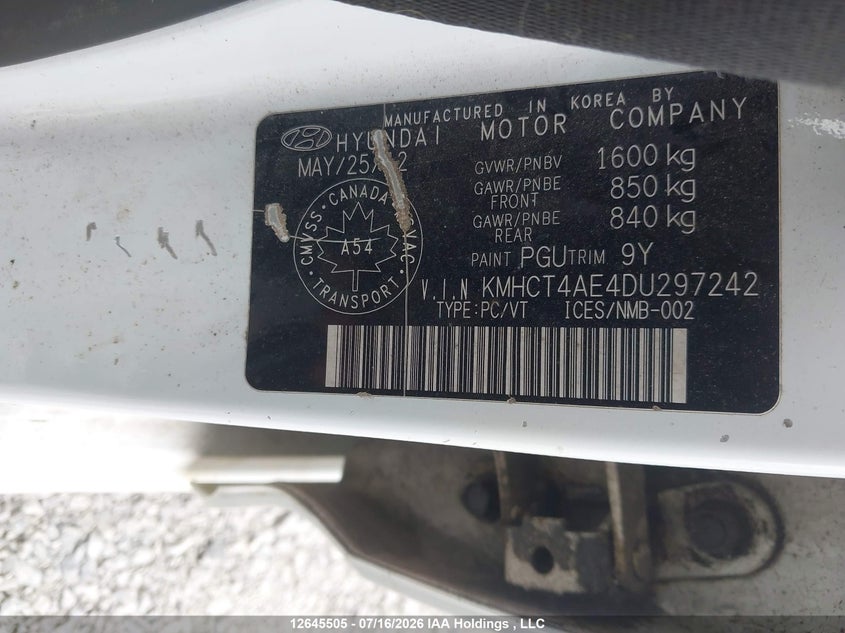 2013 Hyundai Accent Gls/Gs VIN: KMHCT4AE4DU297242 Lot: 12645505