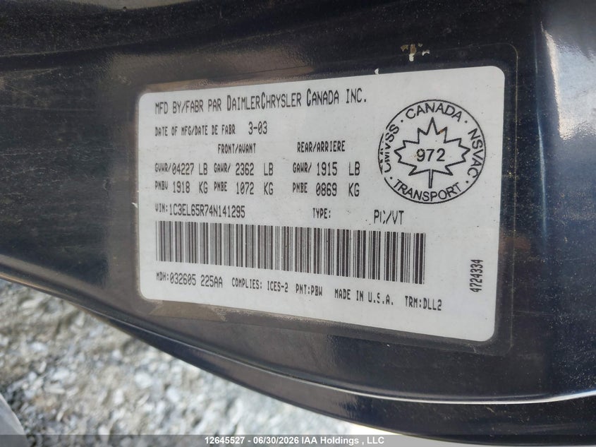 2004 CHRYSLER SEBRING CABRIO 2.7L V6 FI DOHC F