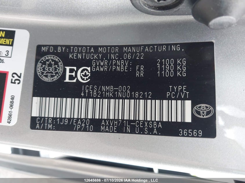 2022 Toyota Camry VIN: 4T1B21HK1NU018212 Lot: 12645686