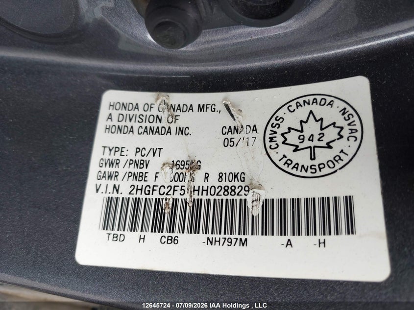 2017 HONDA CIVIC SEDAN 2.0L I-4 DOHC, VVT, 158HP