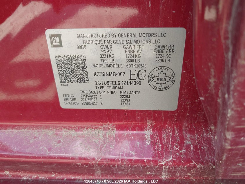 2019 GMC Sierra 1500 Denali VIN: 1GTU9FEL6KZ144390 Lot: 12645743