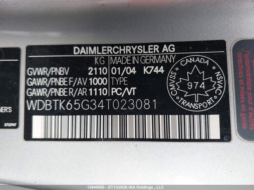 2004 Mercedes-Benz Clk 320 VIN: WDBTK65G34T023081 Lot: 12645855