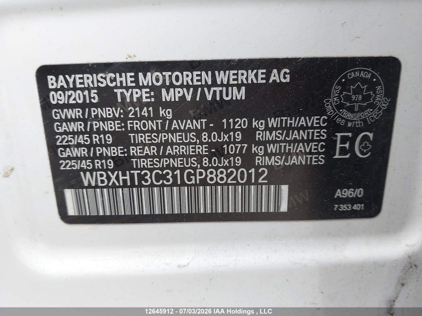 2016 BMW X1 xDrive28I VIN: WBXHT3C31GP882012 Lot: 12645912