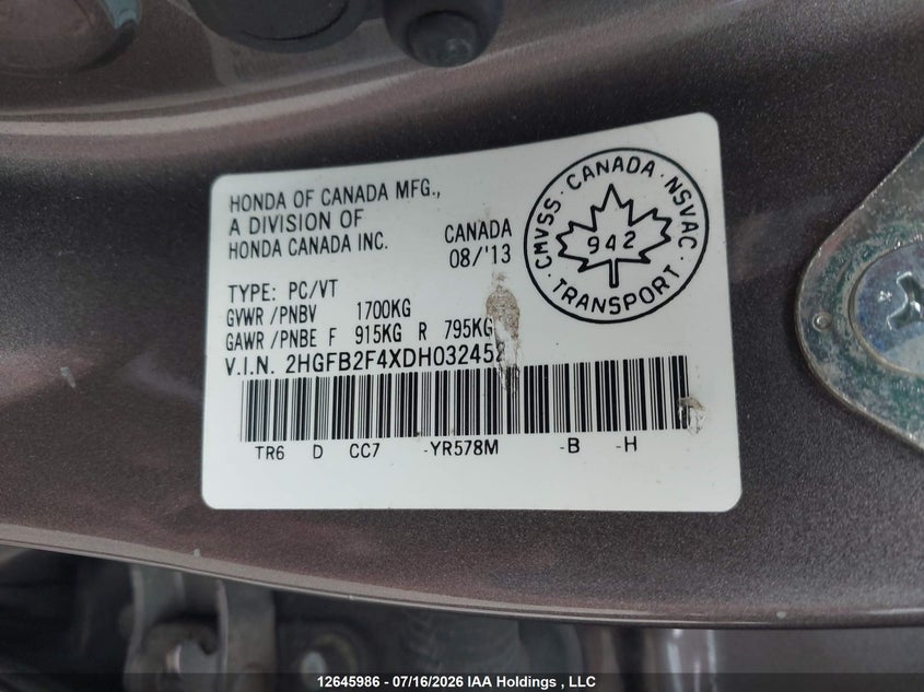2013 HONDA CIVIC SEDAN 1.8L I-4 VVT, 140HP