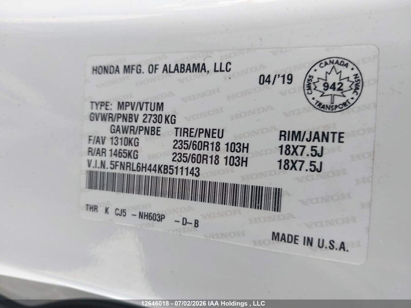 2019 Honda Odyssey Ex VIN: 5FNRL6H44KB511143 Lot: 12646018