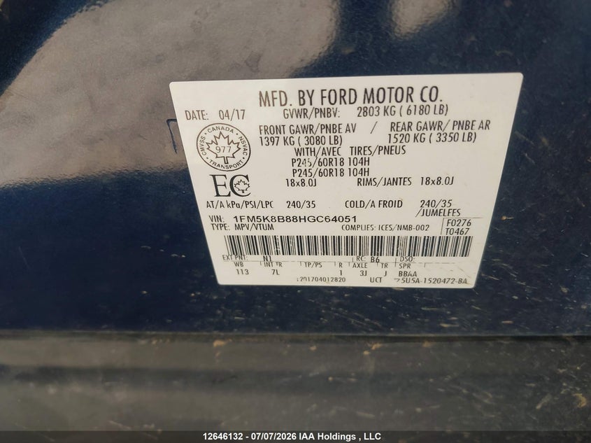 2017 Ford Explorer VIN: 1FM5K8B88HGC64051 Lot: 12646132