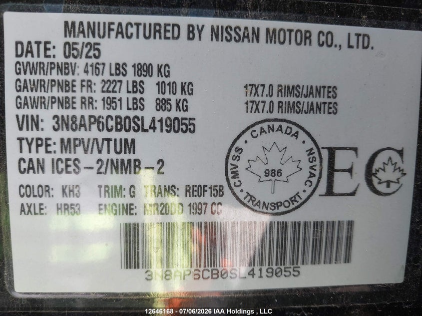 2025 Nissan Kicks Sv VIN: 3N8AP6CB0SL419055 Lot: 12646168
