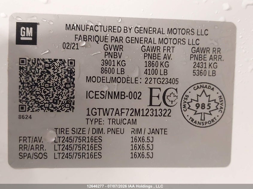 2021 GMC Savana G2500 VIN: 1GTW7AF72M1231322 Lot: 12646277