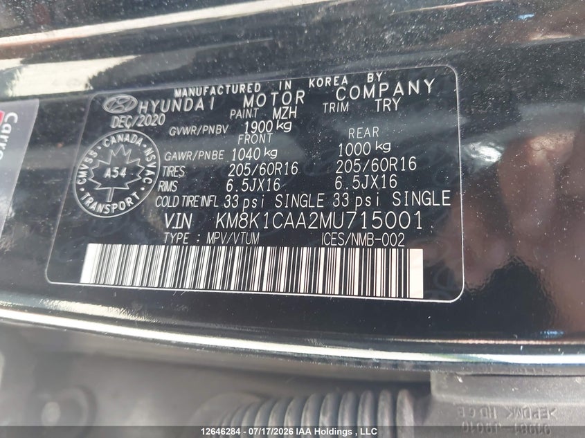 2021 Hyundai Kona Se VIN: KM8K1CAA2MU715001 Lot: 12646284
