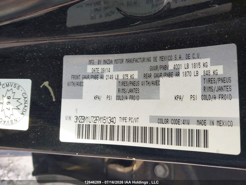 2015 MAZDA 3 HATCHBACK 2.0L I-4 DI, DOHC, VVT, 155HP