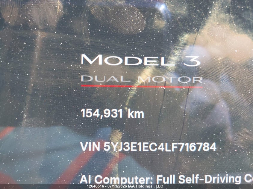 2020 Tesla Model 3 Performance VIN: 5YJ3E1EC4LF716784 Lot: 12646516