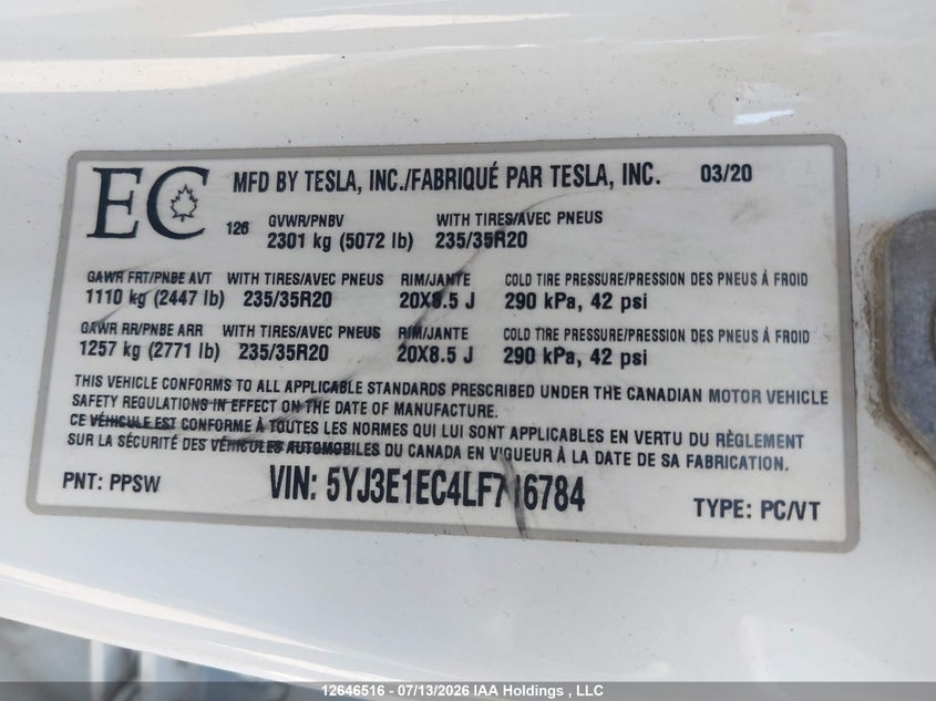 2020 Tesla Model 3 Performance VIN: 5YJ3E1EC4LF716784 Lot: 12646516