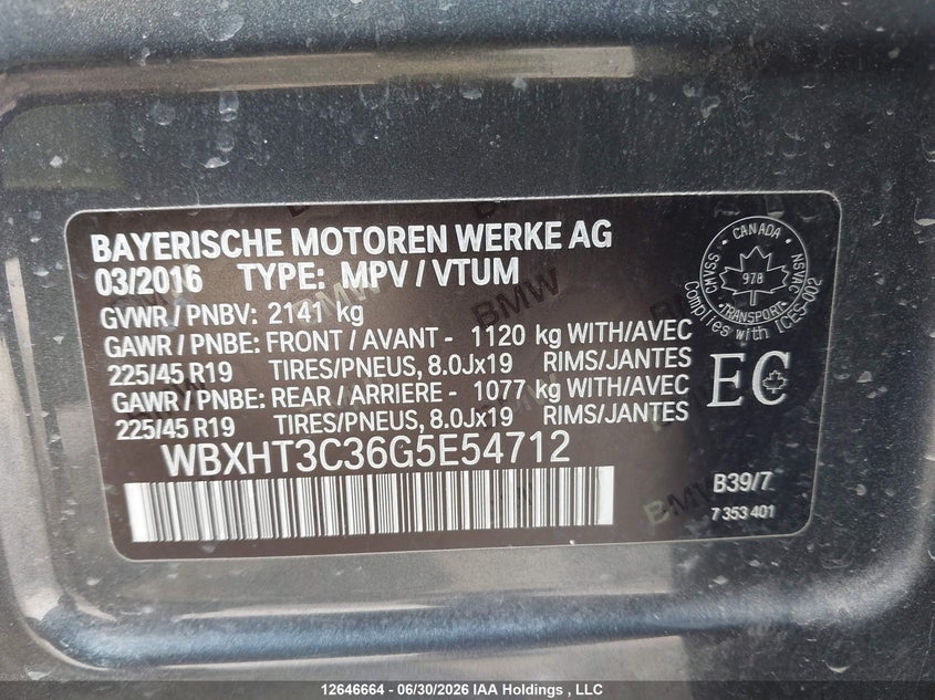 2016 BMW X1 xDrive28I VIN: WBXHT3C36G5E54712 Lot: 12646664