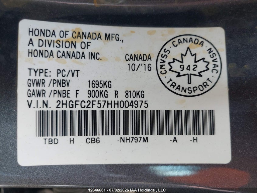 2017 HONDA CIVIC SEDAN 2.0L I-4 DOHC, VVT, 158HP