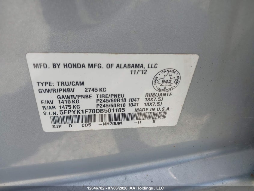 2013 HONDA RIDGELINE PICKUP 3.5L V-6 VVT, 250HP