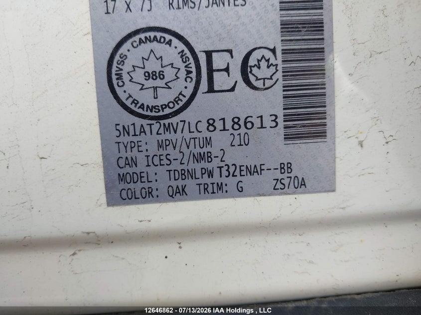 2020 Nissan Rogue S/Sl/Sv VIN: 5N1AT2MV7LC818613 Lot: 12646862