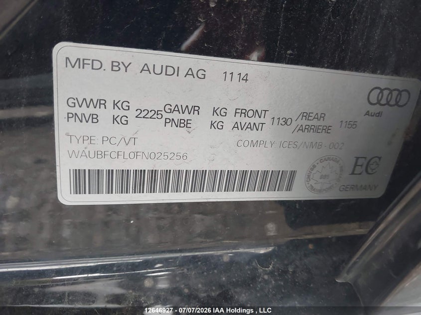 2015 Audi A4 2.0T Komfort Plus VIN: WAUBFCFL0FN025256 Lot: 12646927