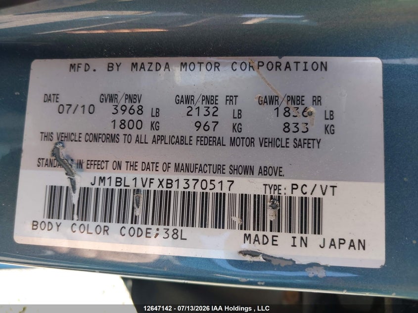 2011 Mazda 3 I VIN: JM1BL1VFXB1370517 Lot: 12647142