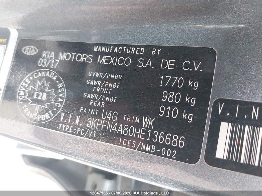 2017 KIA FORTE SEDAN 2.0L I-4 DI, DOHC, VVT, 173HP