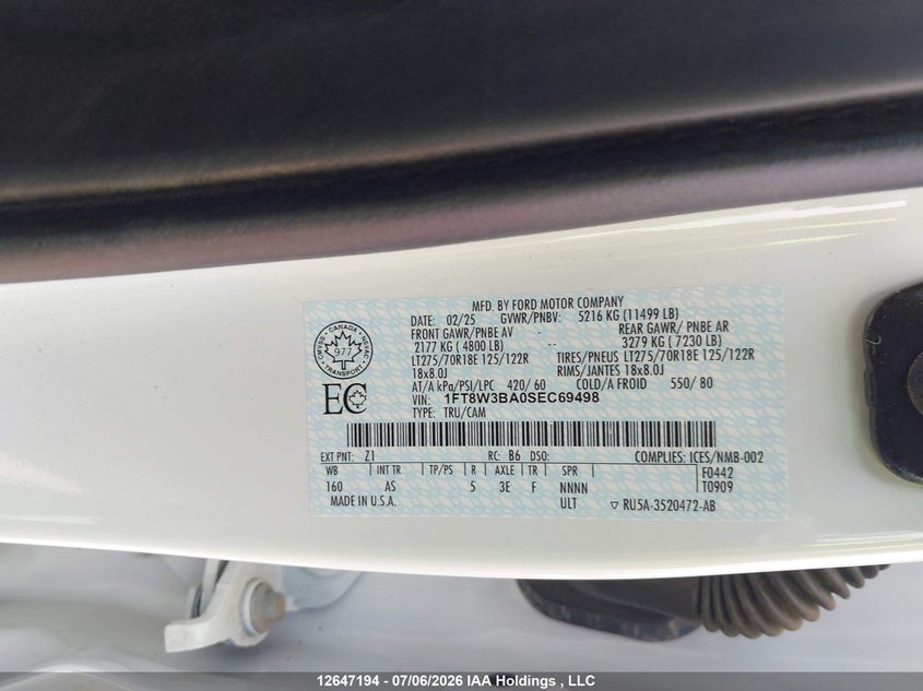 2025 Ford F350 Super Duty VIN: 1FT8W3BA0SEC69498 Lot: 12647194