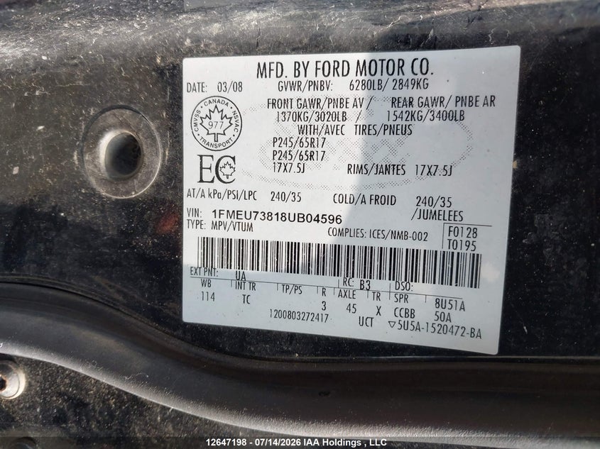 2008 Ford Explorer Xlt VIN: 1FMEU73818UB04596 Lot: 12647198