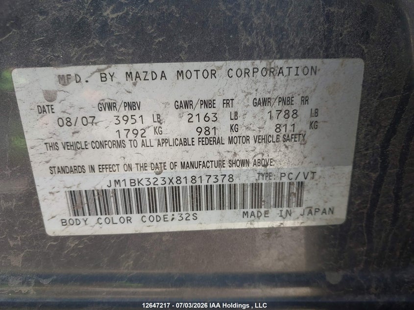 2008 Mazda Mazda3 Gt VIN: JM1BK323X81817378 Lot: 12647217