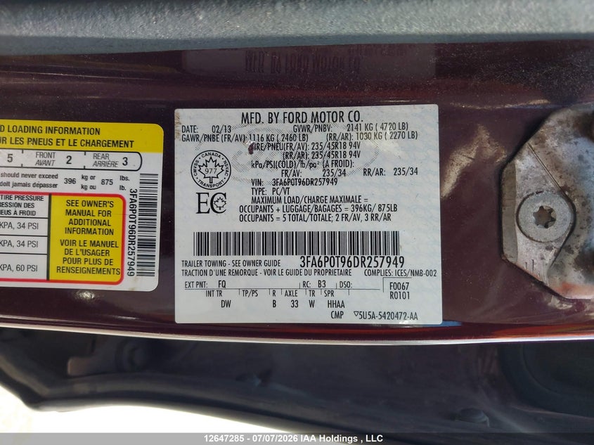 2013 FORD FUSION SEDAN 2.0L I4 FI DOHC 16V NF4