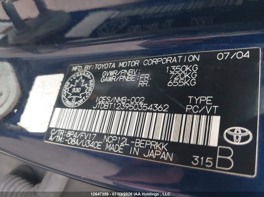 2005 Toyota Echo VIN: JTDBT123950354362 Lot: 12647359