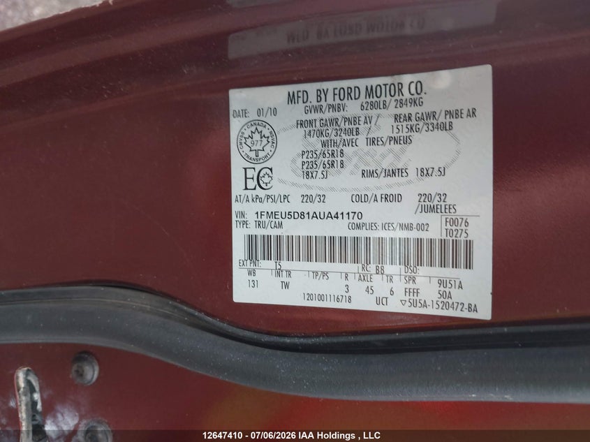 2010 Ford Explorer Sport Trac Limited VIN: 1FMEU5D81AUA41170 Lot: 12647410