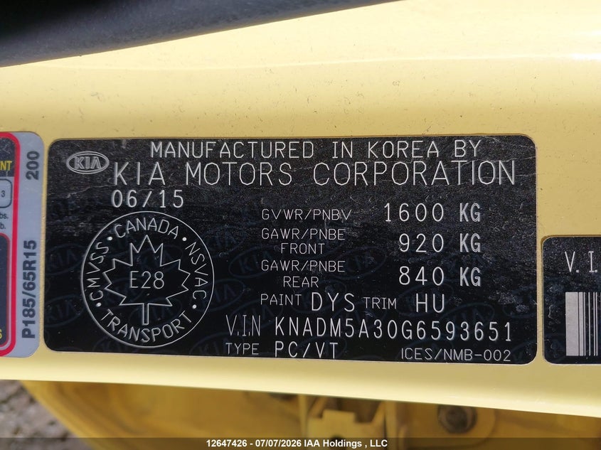 2016 Kia Rio Lx VIN: KNADM5A30G6593651 Lot: 12647426