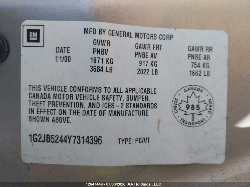 2000 Pontiac Sunfire Se VIN: 1G2JB5244Y7314396 Lot: 12647449