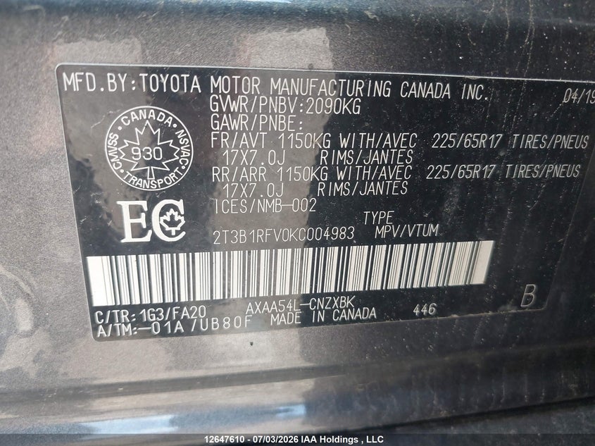 2019 Toyota Rav4 Le VIN: 2T3B1RFV0KC004983 Lot: 12647610