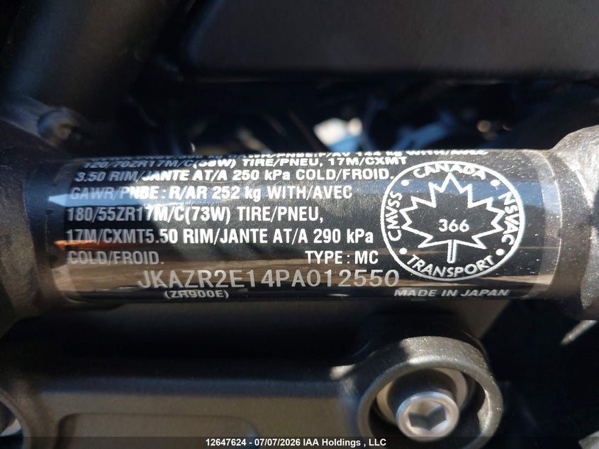 2023 Kawasaki Zr900 VIN: JKAZR2E14PA012550 Lot: 12647624