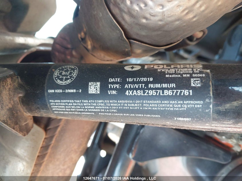 2020 Polaris Sportsman Xp 1000 S VIN: 4XASLZ957LB677761 Lot: 12647671