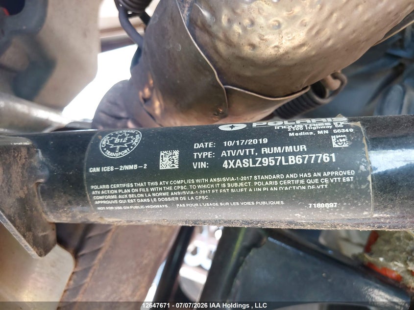 2020 Polaris Sportsman Xp 1000 S VIN: 4XASLZ957LB677761 Lot: 12647671