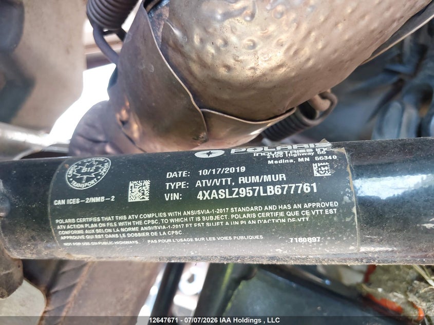 2020 Polaris Sportsman Xp 1000 S VIN: 4XASLZ957LB677761 Lot: 12647671