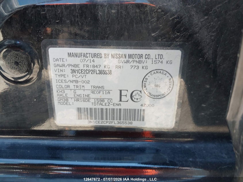 2015 Nissan Versa VIN: 3N1CE2CP2FL365538 Lot: 12647672