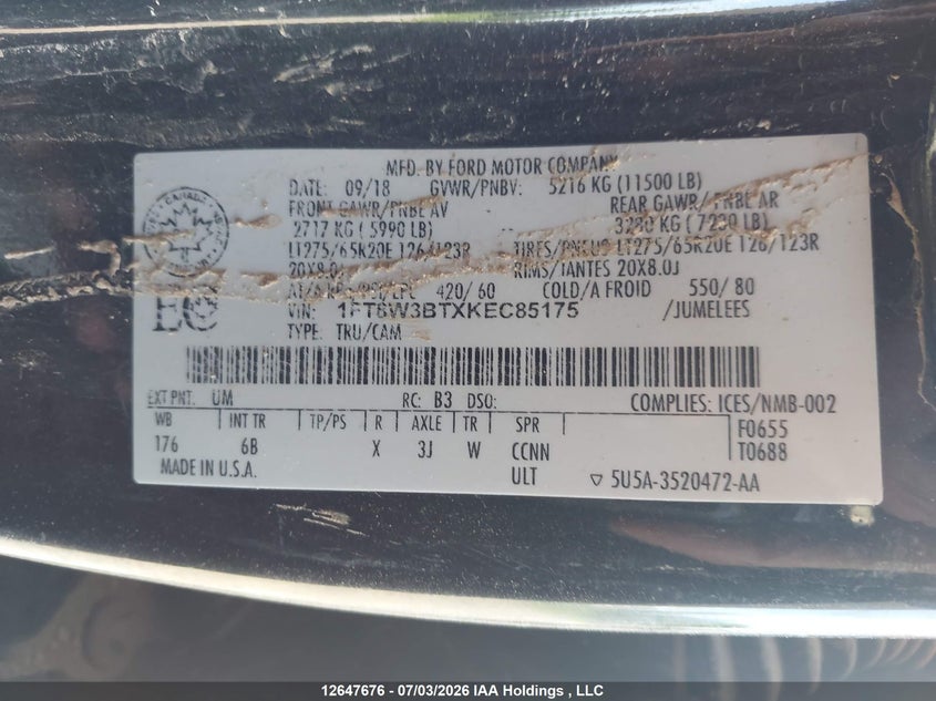 2019 Ford F-350 King Ranch/Lariat/Limited/Platinum/Xl/Xlt VIN: 1FT8W3BTXKEC85175 Lot: 12647676