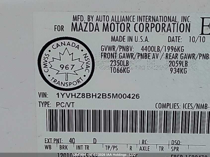 2011 MAZDA 6 SEDAN 2.5L I-4 DOHC, VVT, 170HP