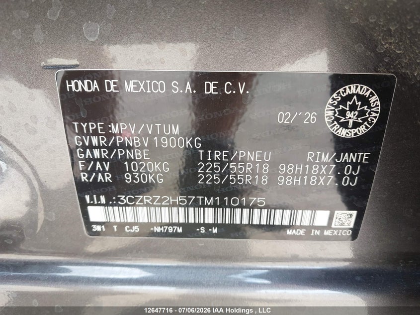 2026 Honda Hr-V Sport VIN: 3CZRZ2H57TM110175 Lot: 12647716