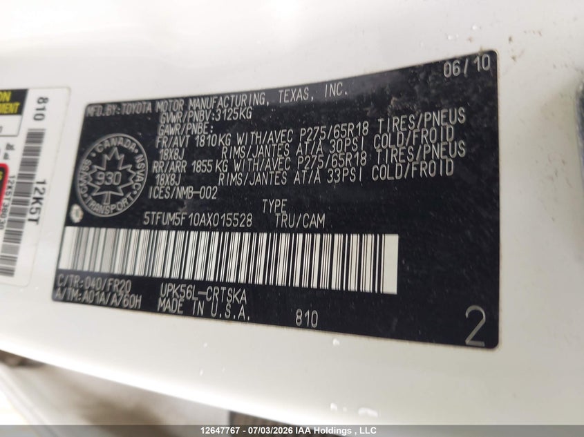 2010 Toyota Tundra Double Cab Sr5 VIN: 5TFUM5F10AX015528 Lot: 12647767