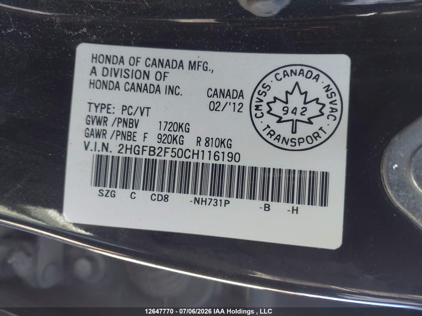 2012 Honda Civic Ex 4Dr VIN: 2HGFB2F50CH116190 Lot: 12647770