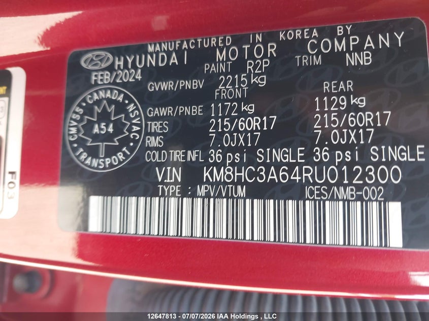 2024 Hyundai Kona Sel VIN: KM8HC3A64RU012300 Lot: 12647813